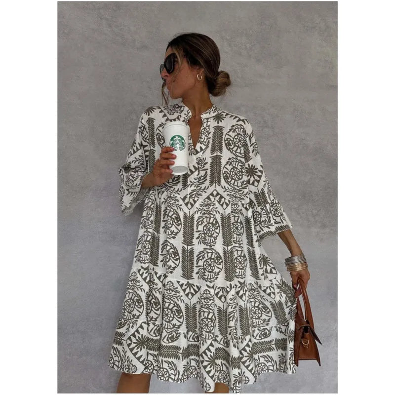 Adeline | Vestido de Falda A-Line con Escote en V Impreso
