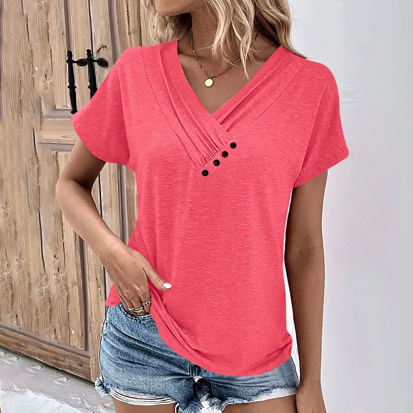 Maya - Camiseta de Cuello en V con Botones Acanalada