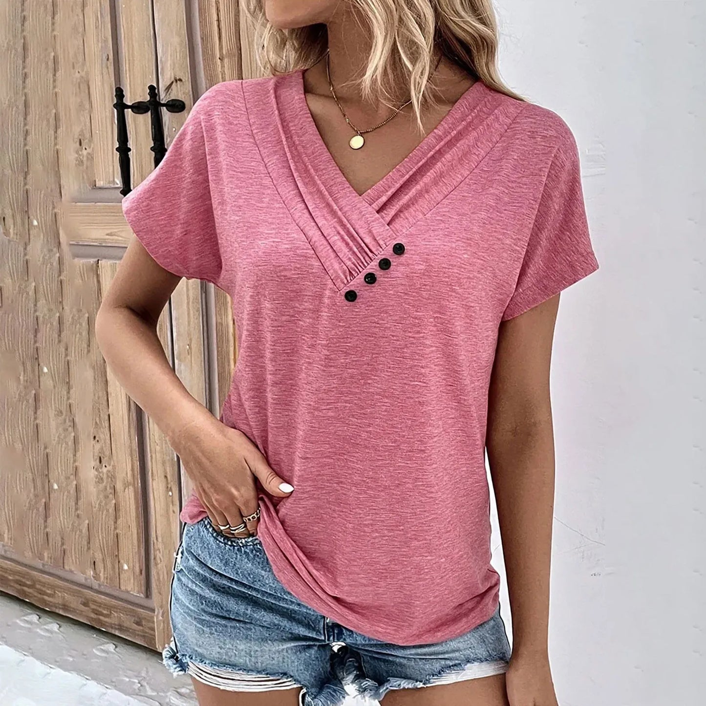Maya - Camiseta de Cuello en V con Botones Acanalada