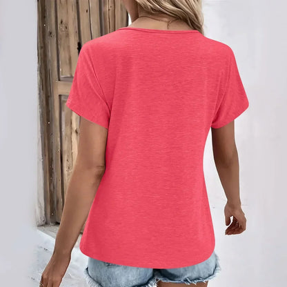 Maya - Camiseta de Cuello en V con Botones Acanalada
