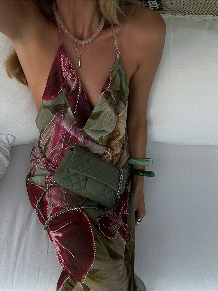 Alouette - Vestido Floral Impreso Sin Espalda con Abertura Lateral