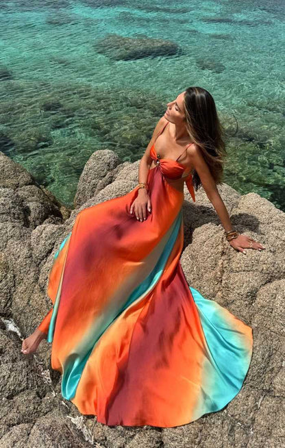 ELOWYN – VESTIDO MAXI SIN ESPALDA Y SIN MANGAS CON GRADIENTE