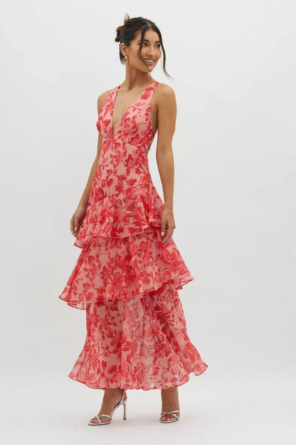 Lisa | Vestido Midi Floral Coral – Elegancia Fluida y Romántica