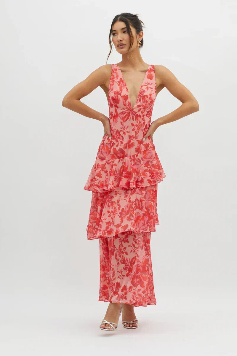 Lisa | Vestido Midi Floral Coral – Elegancia Fluida y Romántica