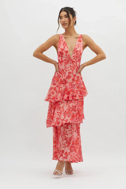 Lisa | Vestido Midi Floral Coral – Elegancia Fluida y Romántica