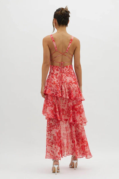 Lisa | Vestido Midi Floral Coral – Elegancia Fluida y Romántica