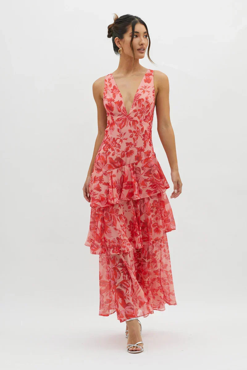 Lisa | Vestido Midi Floral Coral – Elegancia Fluida y Romántica