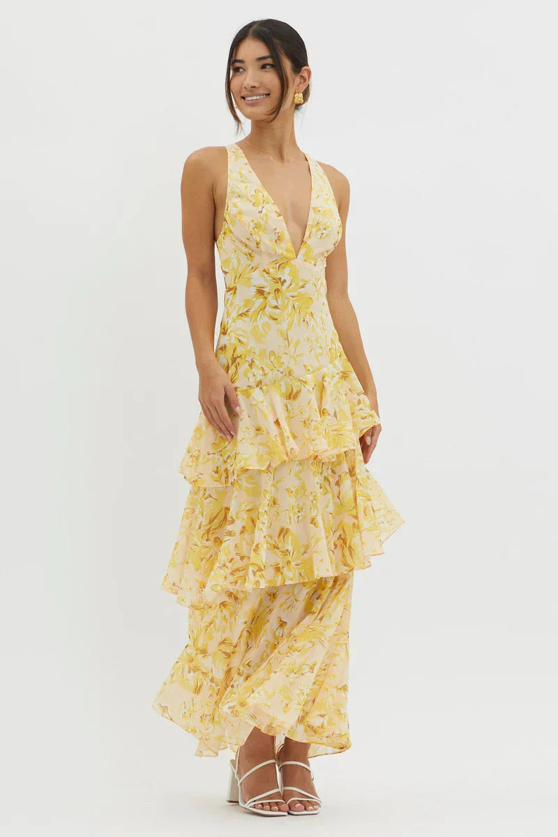 Lisa | Vestido Midi Floral Coral – Elegancia Fluida y Romántica