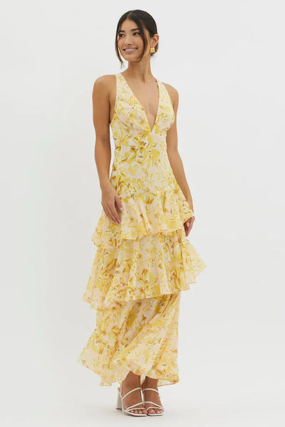 Lisa | Vestido Midi Floral Coral – Elegancia Fluida y Romántica