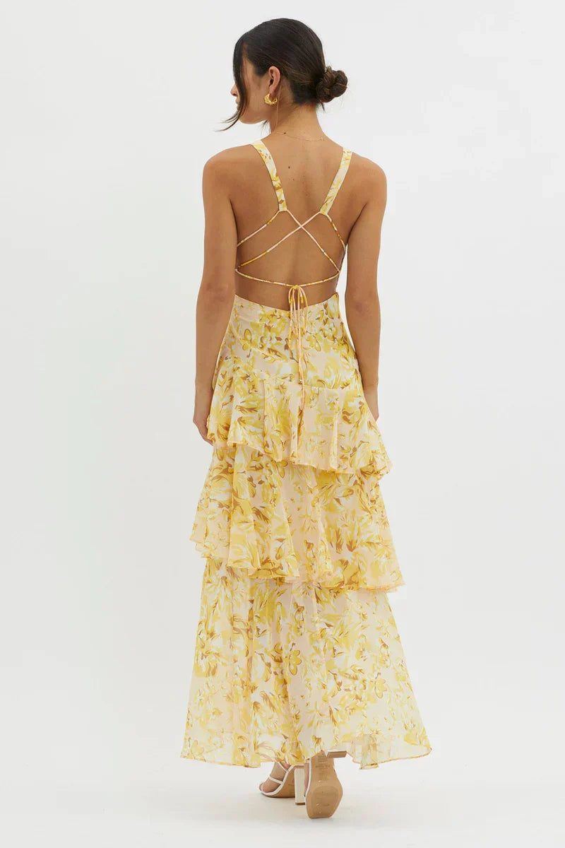Lisa | Vestido Midi Floral Coral – Elegancia Fluida y Romántica
