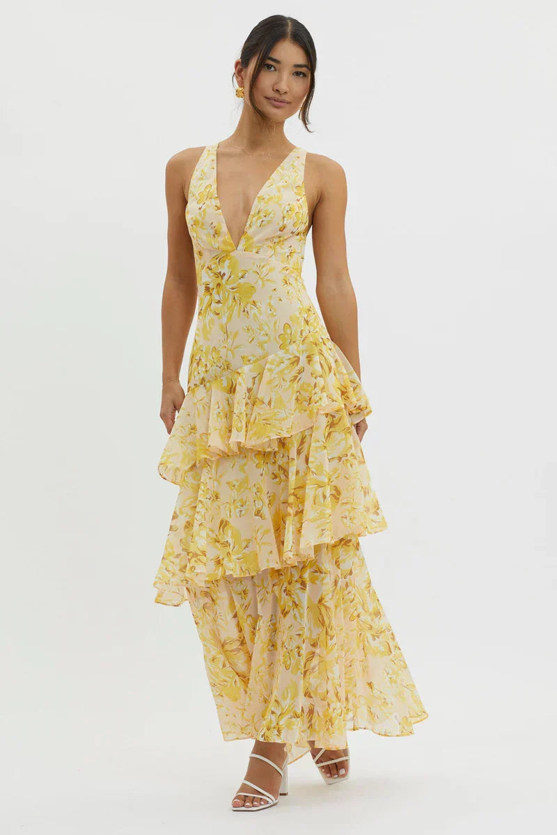 Lisa | Vestido Midi Floral Coral – Elegancia Fluida y Romántica