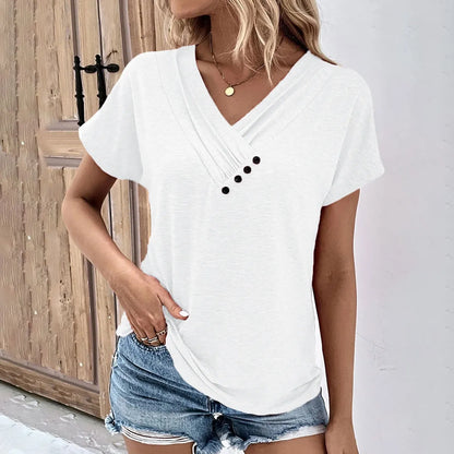 Maya - Camiseta de Cuello en V con Botones Acanalada