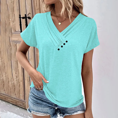 Maya - Camiseta de Cuello en V con Botones Acanalada