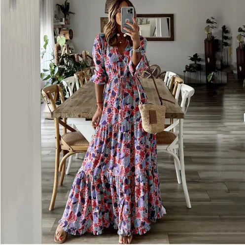 Liora | Vestido Maxi de Corte A con Estampado y Escote en V