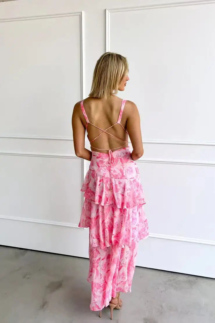 Lisa | Vestido Midi Floral Coral – Elegancia Fluida y Romántica