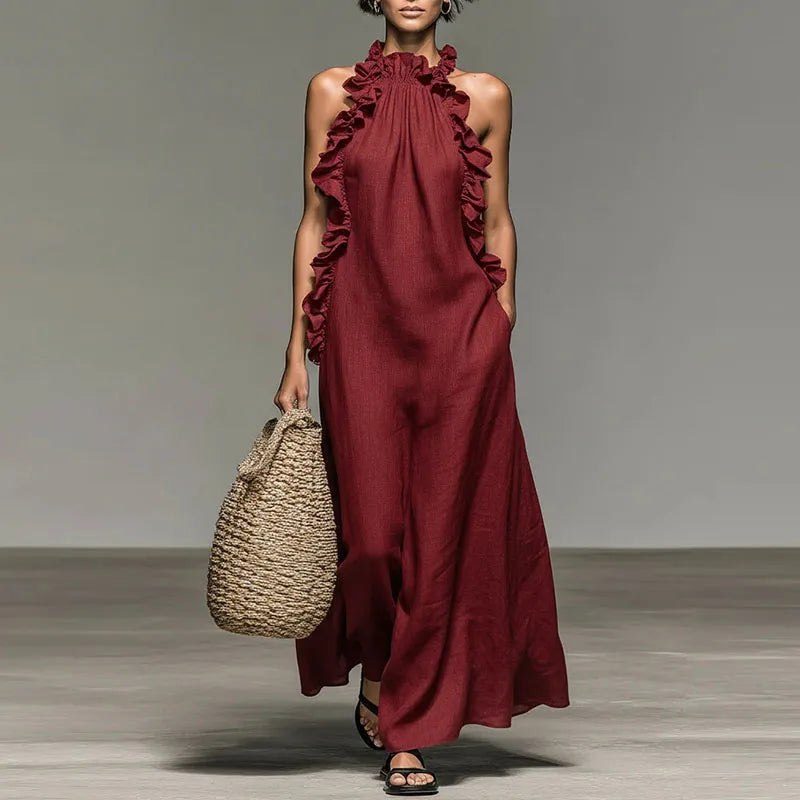 Vestido Largo Bohemio con Cuello Halter y Volantes