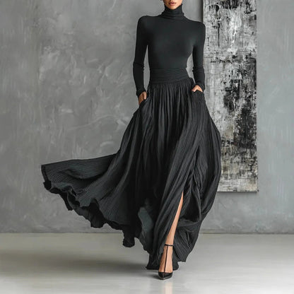 ALINA – ELEGANTE VESTIDO MAXI CON CUELLO ALTO Y FLUIDO