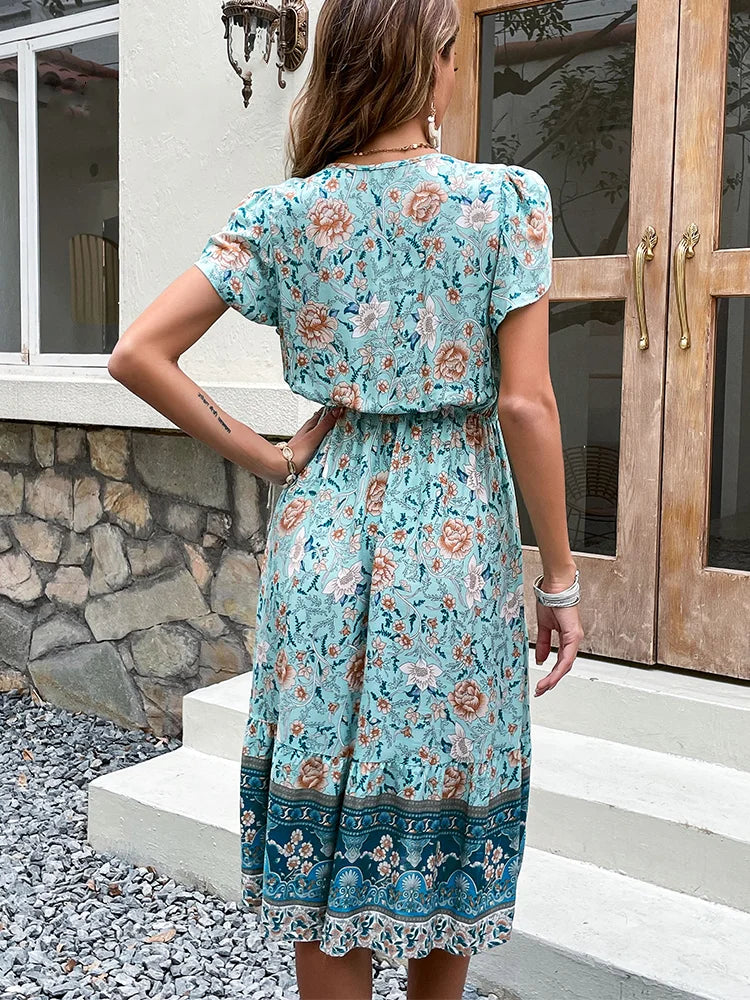 Celia - Vestido Midi Boho Floral Verde
