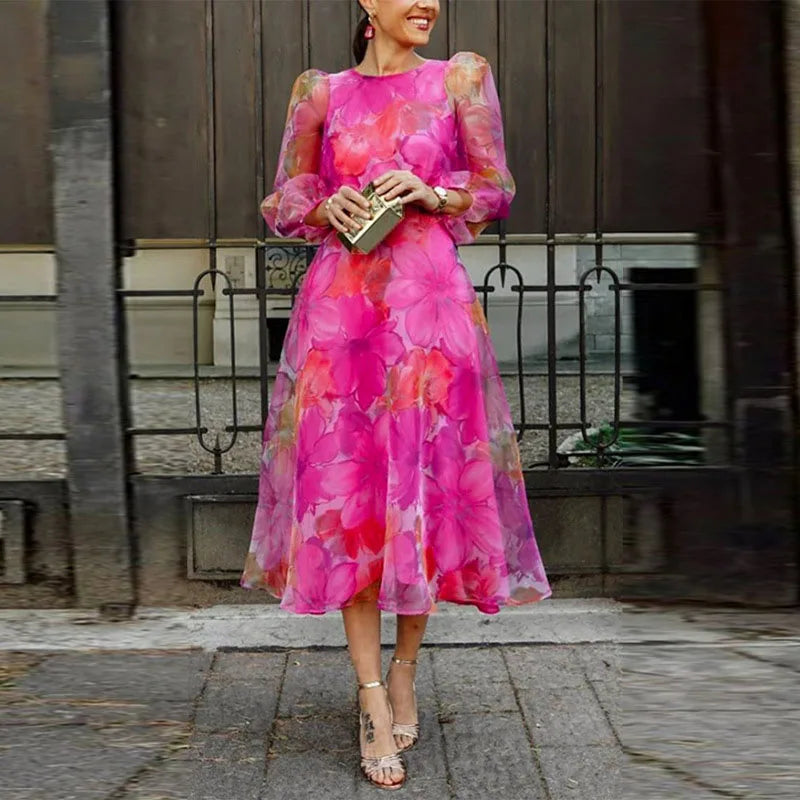 Vestido Midi Floral de Manga Larga para Mujer con Mangas Abullonadas Transparentes