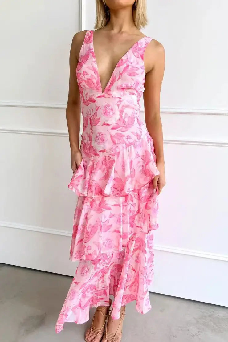Lisa | Vestido Midi Floral Coral – Elegancia Fluida y Romántica