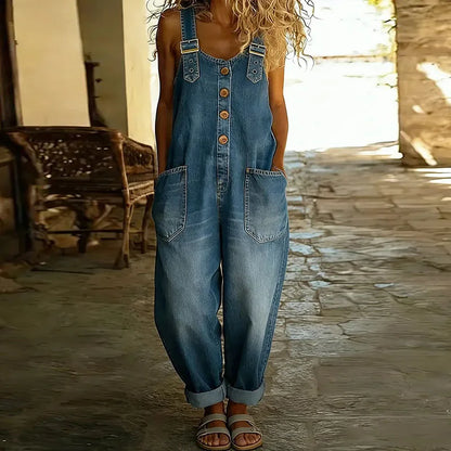 Mara - Pantalón Salopette de Look Denim Vintage en Algodón Suave con Tirantes Ajustables