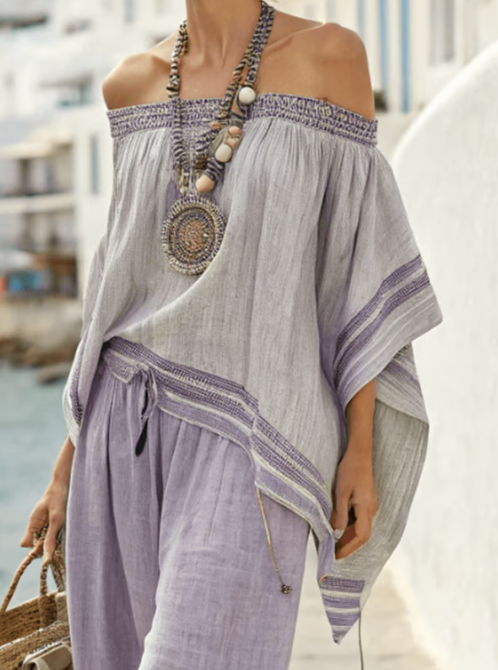 Conjunto de dos piezas de lino con diseño off-the-shoulder