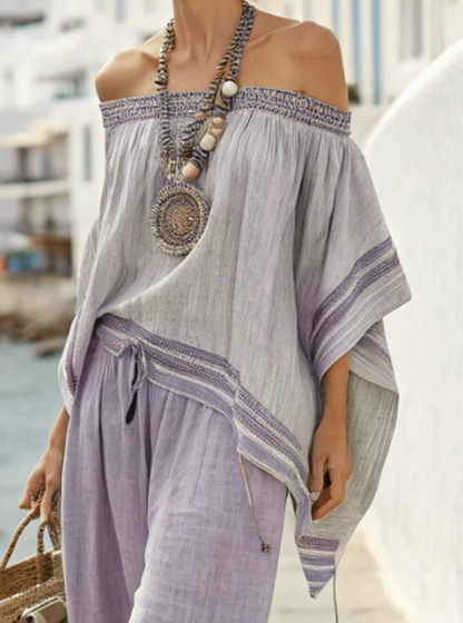 Conjunto de Lino de Dos Piezas con Diseño Off-Shoulder