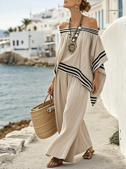 Conjunto de lino off-shoulder con elegantes rayas