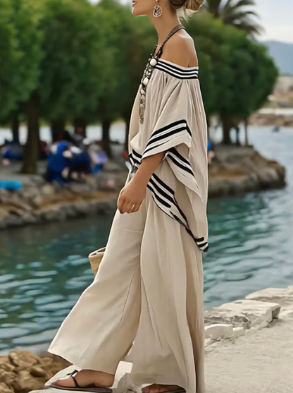 Conjunto de lino off-shoulder con elegantes rayas
