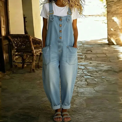 Mara - Pantalón Salopette de Look Denim Vintage en Algodón Suave con Tirantes Ajustables