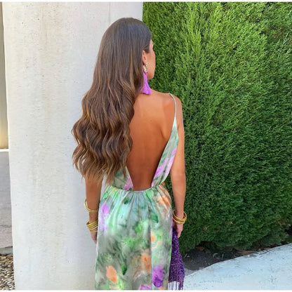 Anisten - Vestido Maxi Elegante con Estampado Halo-Dye y Bufanda Removible