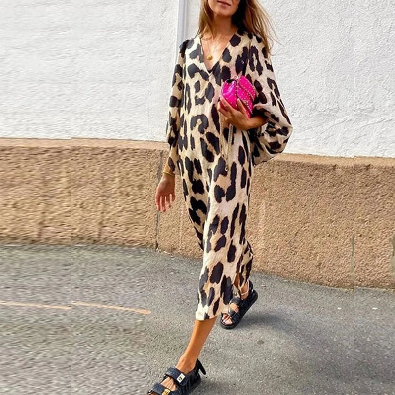 Zarina | Vestido Maxi de Cuello en V con Estampado de Leopardo