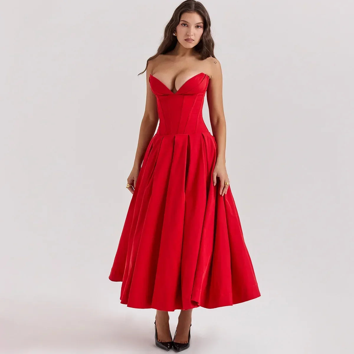 Aria – Elegante Vestido Midi Plisado Sin Tirantes