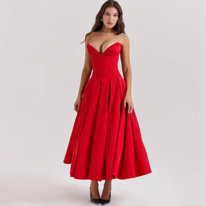 Aria – Elegante Vestido Midi Plisado Sin Tirantes
