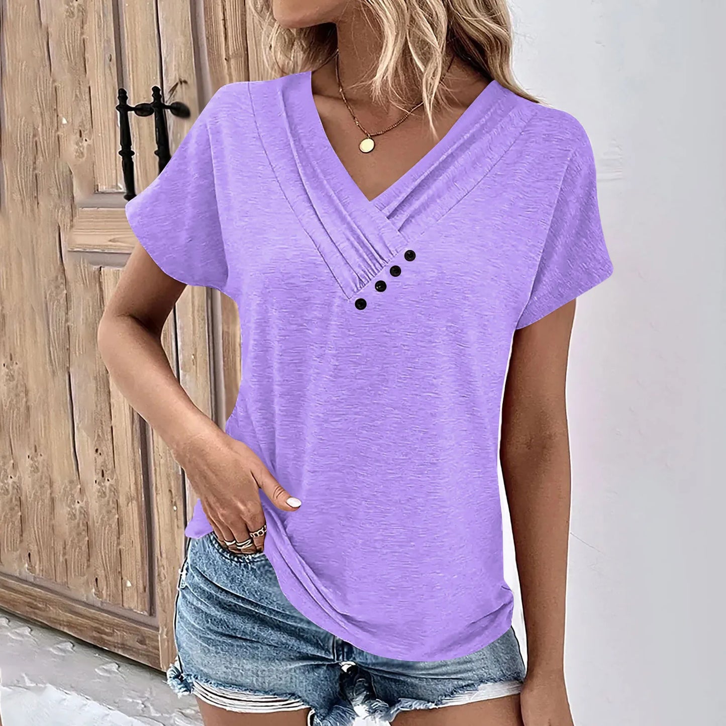 Maya - Camiseta de Cuello en V con Botones Acanalada
