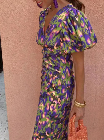 Robe Midi Elegante con Mangas Voluminosas