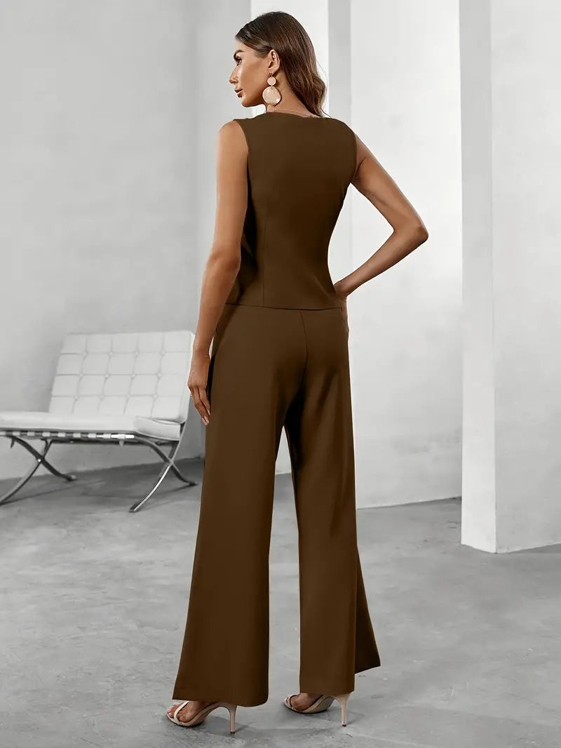 Conjunto de Dama de Dos Piezas con Chaleco Sin Mangas y Pantalones de Pierna Ancha