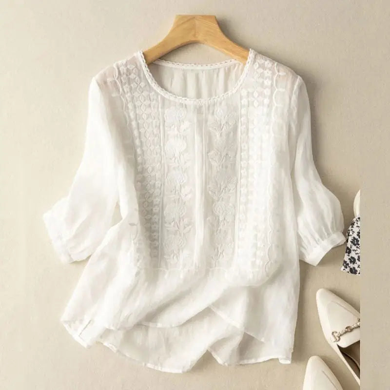 Aurora – Blusa Relajada Bordada (Algodón y Lino)