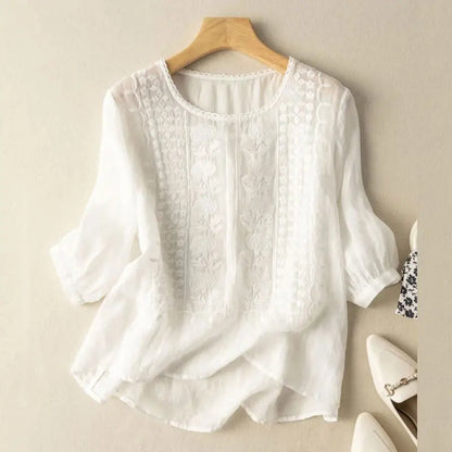 Aurora – Blusa Relajada Bordada (Algodón y Lino)