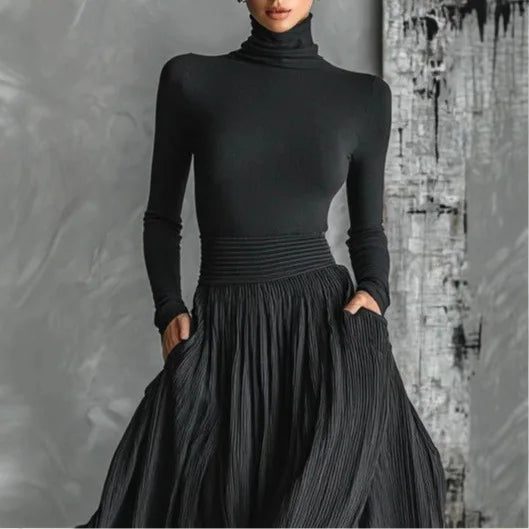 ALINA – ELEGANTE VESTIDO MAXI CON CUELLO ALTO Y FLUIDO