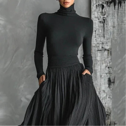 ALINA – ELEGANTE VESTIDO MAXI CON CUELLO ALTO Y FLUIDO