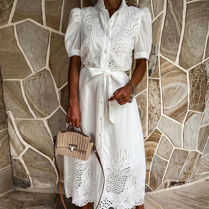 Camisa de vestido - Bordado de encaje y cinturón ajustable