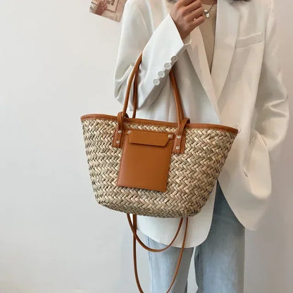 Torborg | Elegante bolso de paja con acentos de cuero