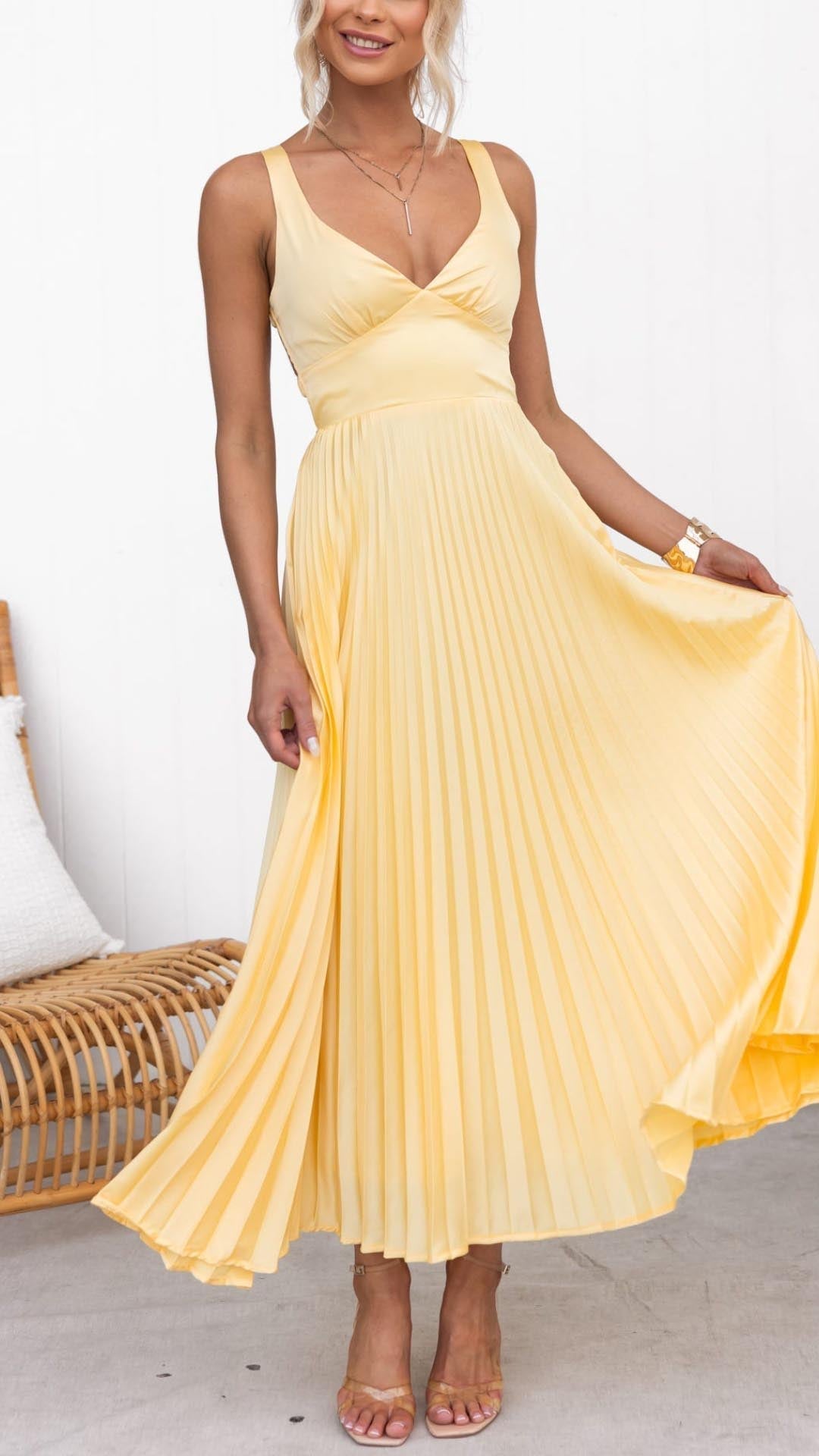 Eline | Vestido Maxi Elegante con Escote en V y Falda Plisada