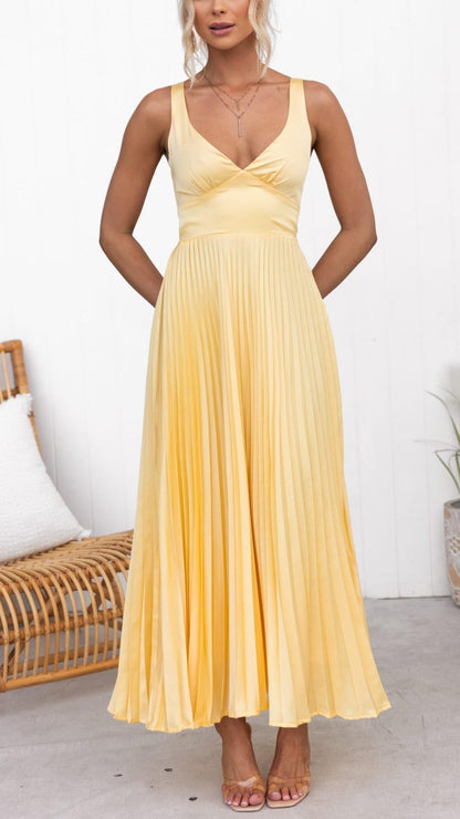 Eline | Elegante vestido maxi con escote en V y falda plisada