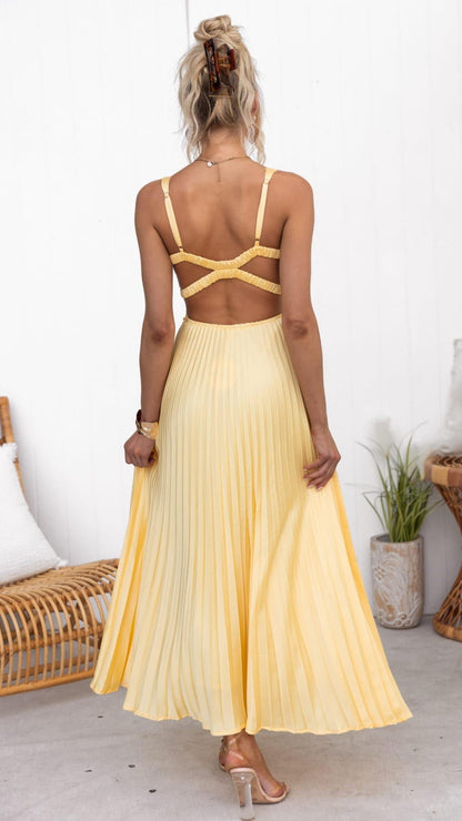 Aby™ | Vestido Maxi Amarillo con Pliegues y Escote en V