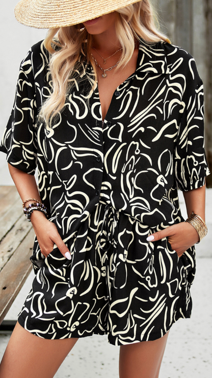 YSARA – CONJUNTO DE CAMISA Y PANTALONES CORTOS CON ESTAMPADO FLORAL DE VERANO