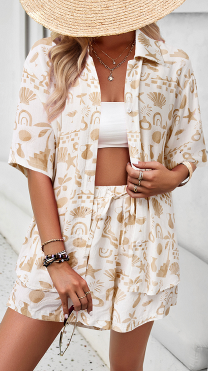 YSARA – CONJUNTO DE CAMISA Y PANTALONES CORTOS CON ESTAMPADO FLORAL DE VERANO
