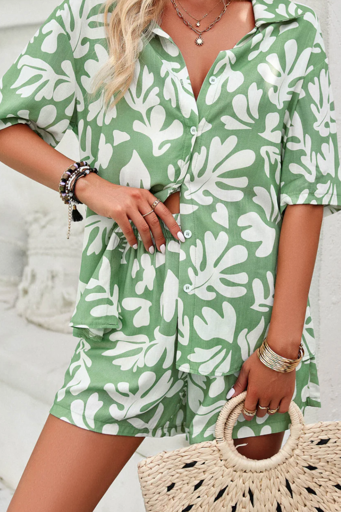 YSARA – CONJUNTO DE CAMISA Y PANTALONES CORTOS CON ESTAMPADO FLORAL DE VERANO