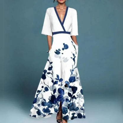 Ruby | Vestido Maxi Floral con Cinturón y Escote en V